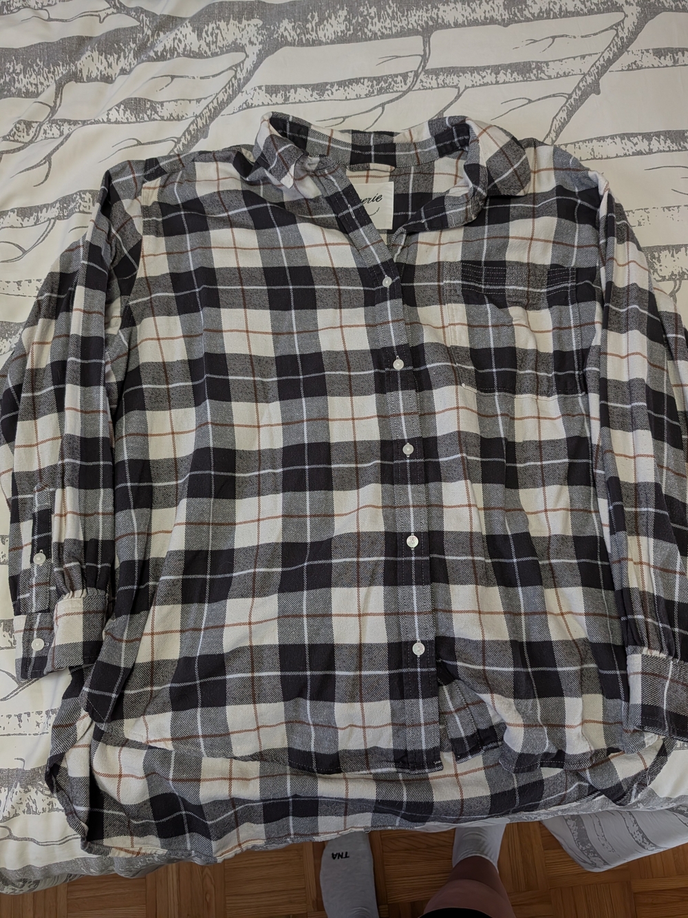 aerie Black, White & Gray Plaid Button-Down Shirt with Brown Accents